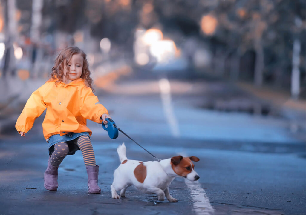 Girl Pulling on Jack Russell with a Leash