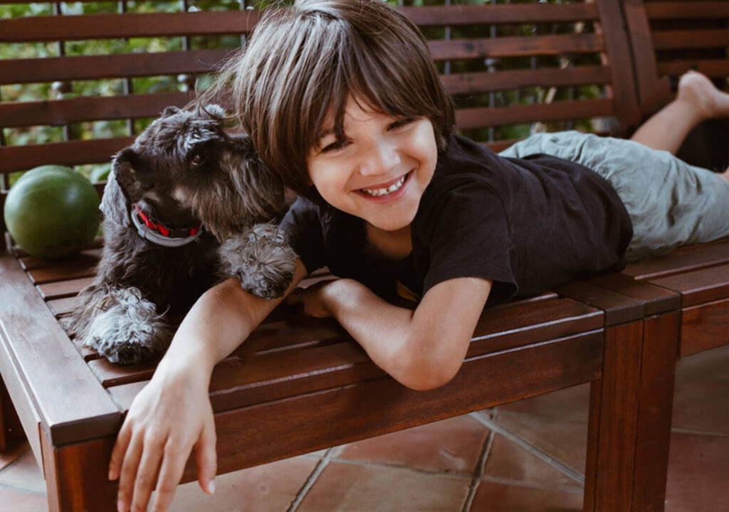 Miniature Schnauzer and a Boy on a Bench